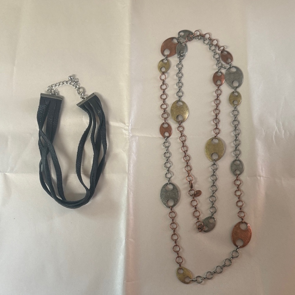 3 Tone Elegant Multi-Color Chain Necklace with Black Leather Choker